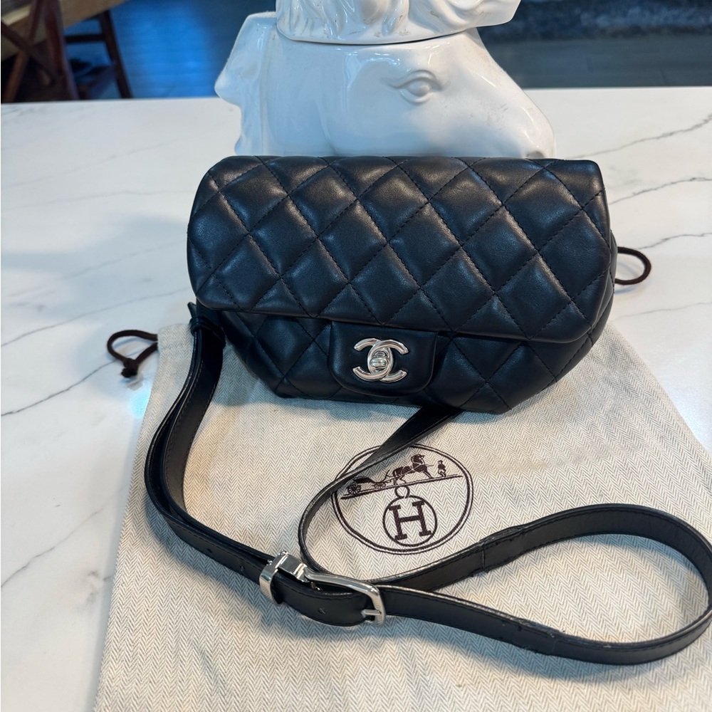 CHANEL Black and Silver Quilted Crossbody Bag